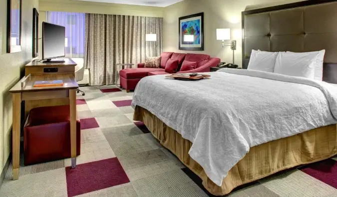 Chambre d'hôtel basique avec un lit queen size, décorée en gris et violet au Hampton Inn Miami-Coconut Grove/Coral Gables