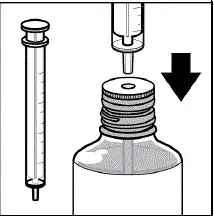 Keep the bottle upright on a firm table and insert tip of syringe into the opening of the white stopper - Illustration