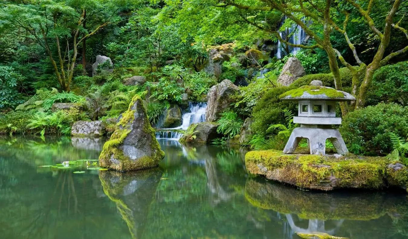 Une belle cascade dans le jardin japonais de Portland, Oregon