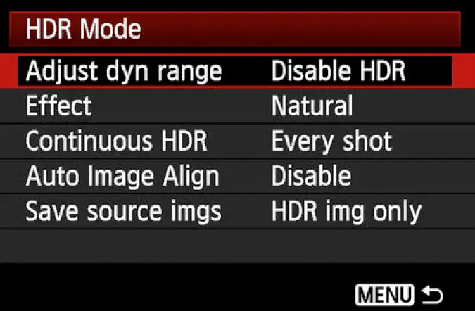 Opções de menu do modo HDR em um GoPro Hero