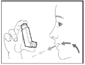 Hold the inhaler with the mouthpiece pointing towards you and breathe out as fully as you comfortably can through your mouth - Illustration
