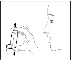 Hold the inhaler in the upright position away from your face and shake the inhaler well - Illustration