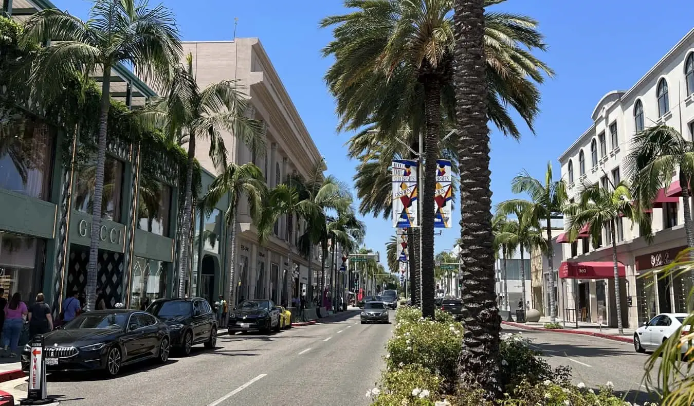Paisagem urbana em Beverly Hills, Los Angeles, com palmeiras e lojas caras